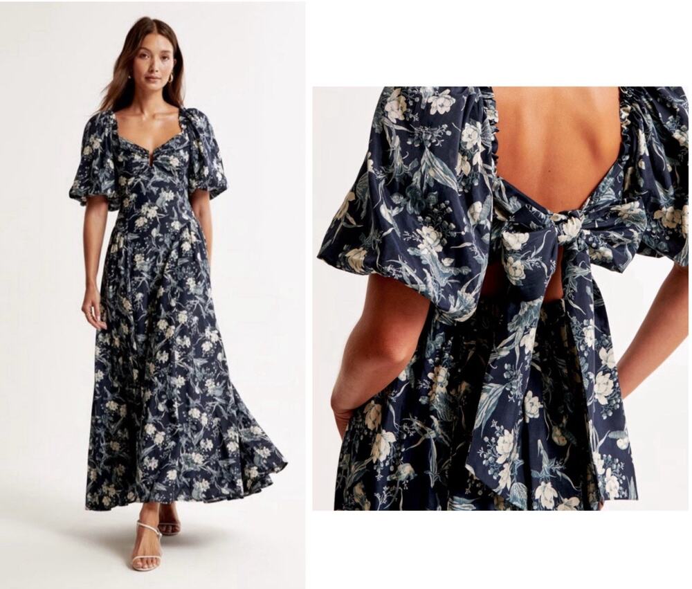 NWT Abercrombie Fitch Emerson Poplin Puff Midi Dress XS P Dark Indigo Floral